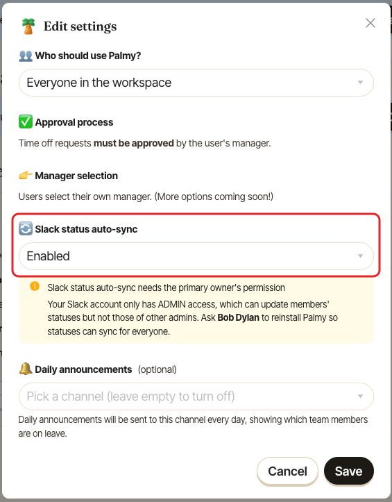 Palmy's Edit settings window, with the Slack status auto-sync dropdown highlighted
