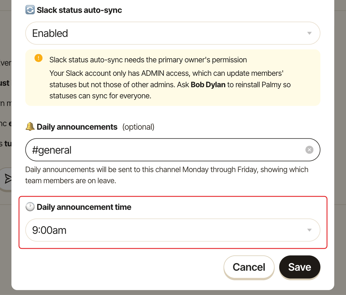 The Edit settings window, with the Daily announcement time picker highlighted