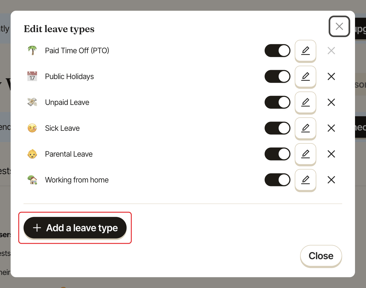 The Edit leave types window, with the Add a leave type button highlighted