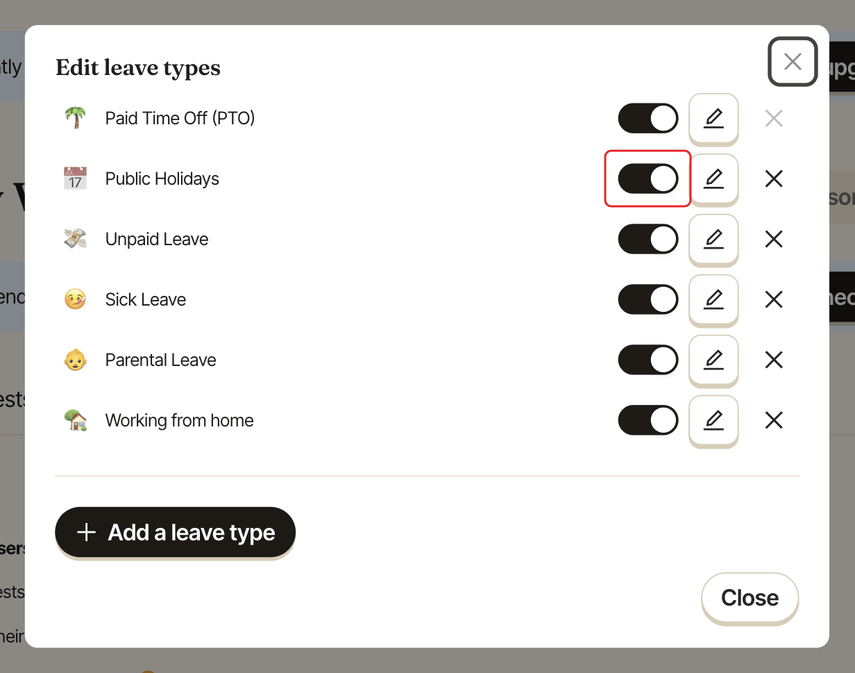 The Edit leave types window, with the switch on a leave type's row highlighted