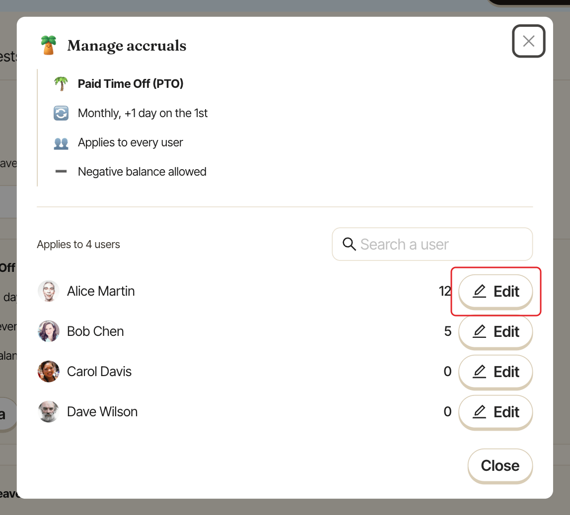 The Manage accruals window, with the Edit button on a row highlighted