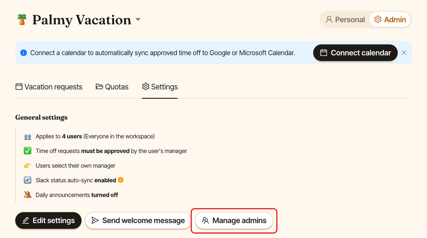 The Palmy Settings tab, with the Manage admins button highlighted