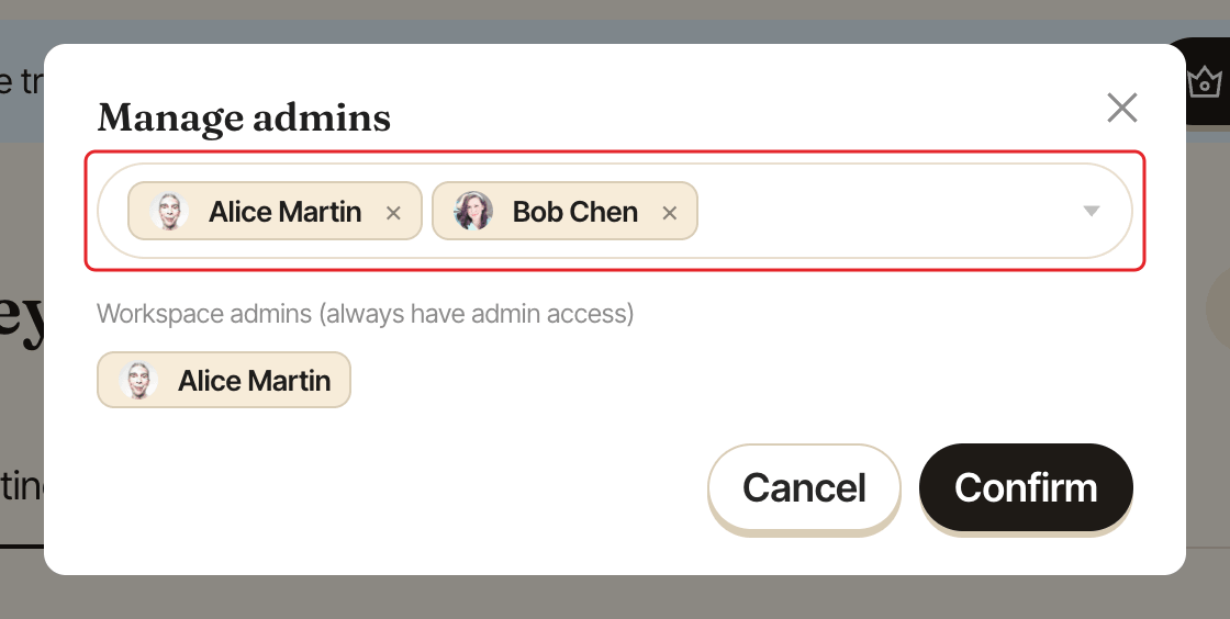 The Manage admins window, with the field listing the current admins highlighted