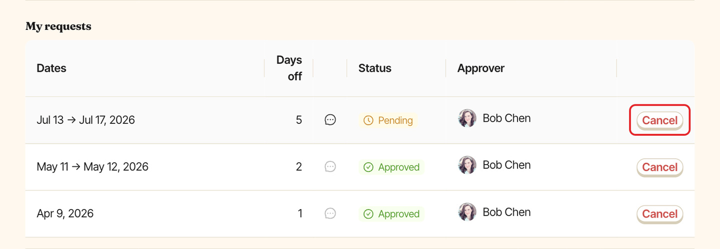 The My requests list, with the Cancel button on a Pending row highlighted