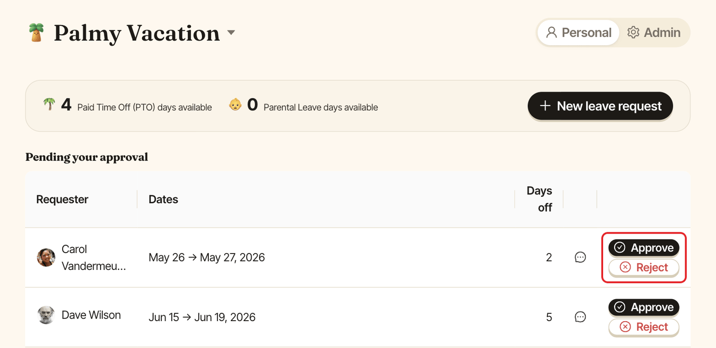 The Pending your approval list, with the Approve and Reject buttons on a row highlighted
