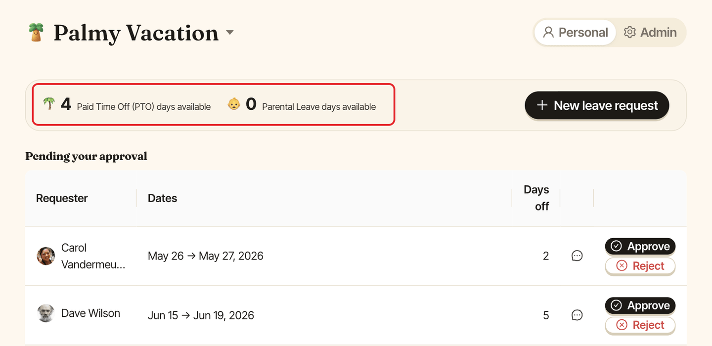 The Palmy dashboard in Personal mode, with the days available strip highlighted