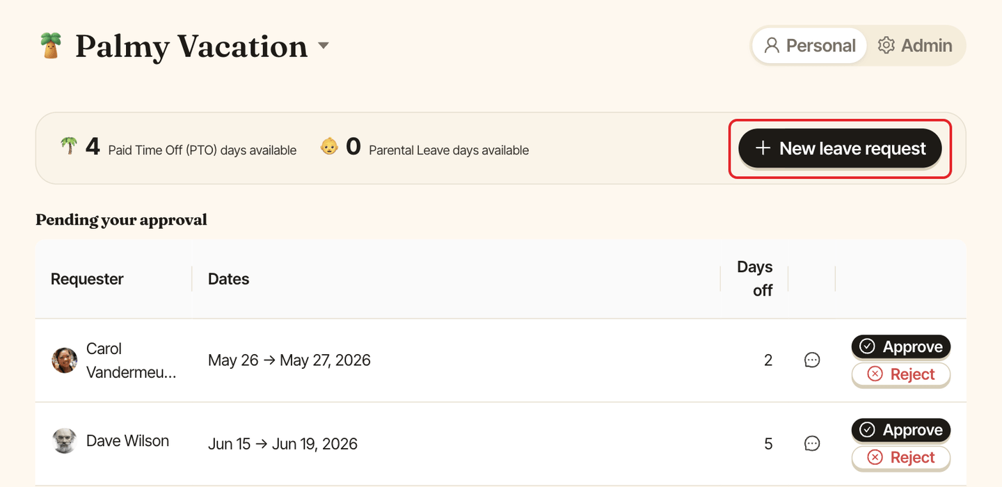 The Palmy dashboard in Personal mode, with the New leave request button highlighted