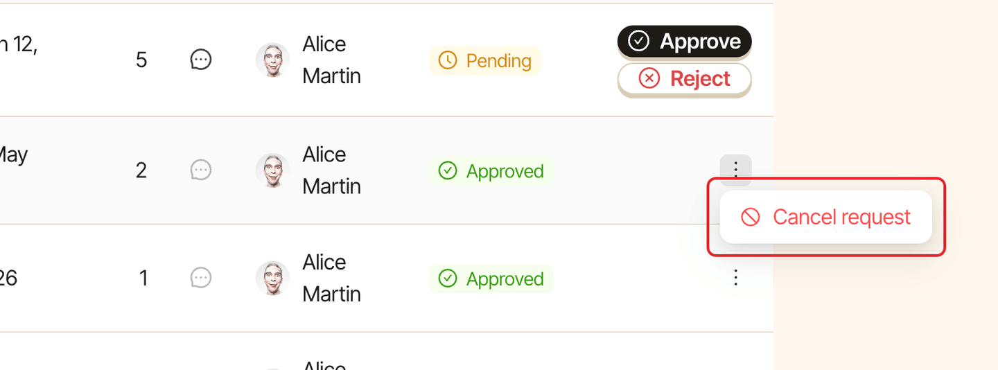 A request's row menu open, with Cancel request highlighted