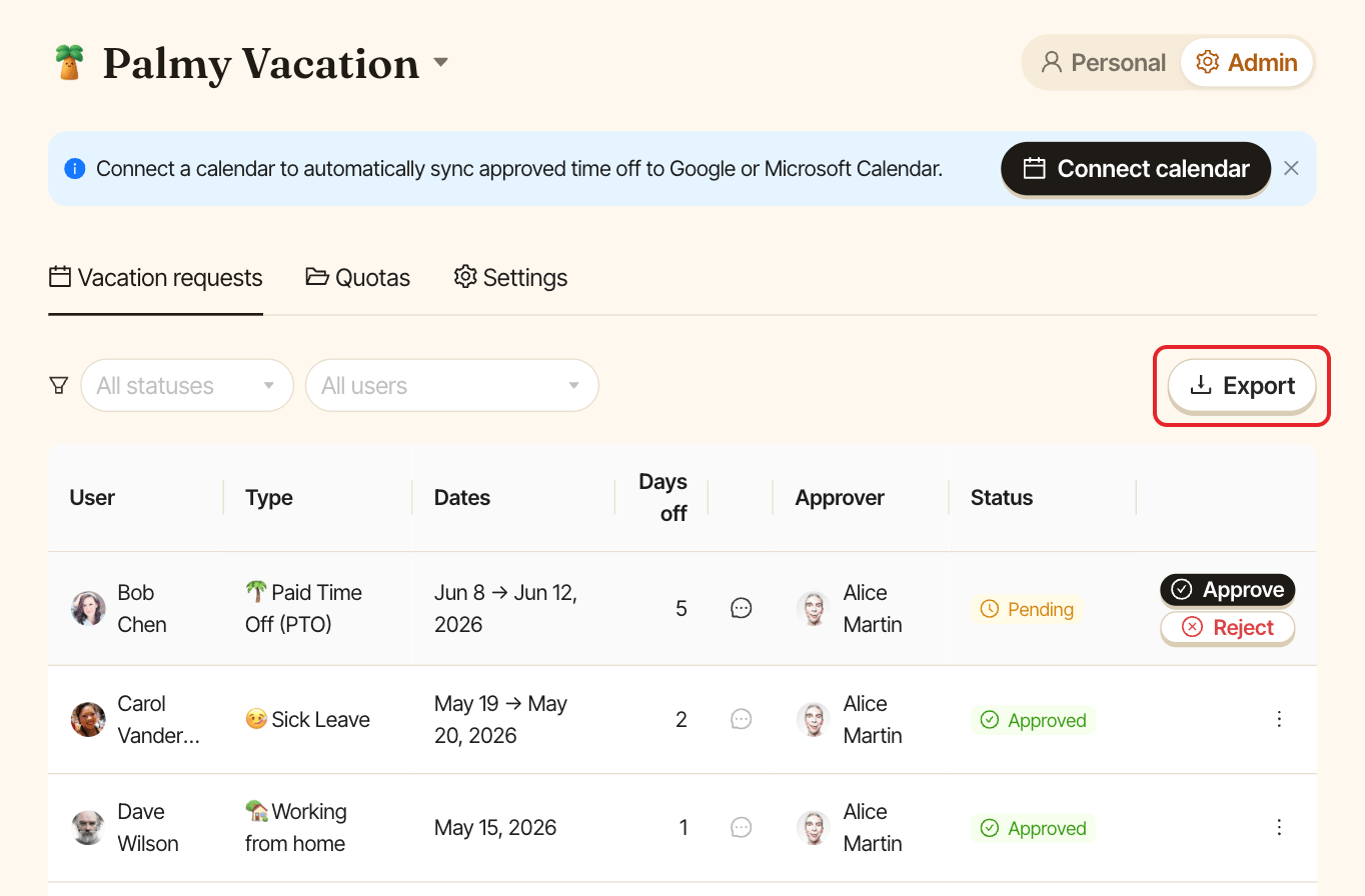 The Vacation requests tab, with the Export button highlighted