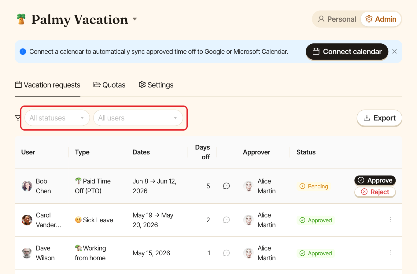 The Vacation requests tab, with the All statuses and All users filters highlighted