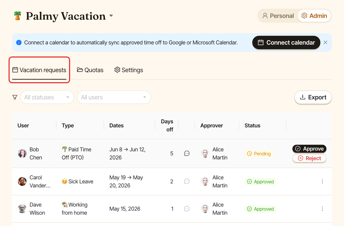 The Palmy dashboard in Admin mode, with the Vacation requests tab highlighted
