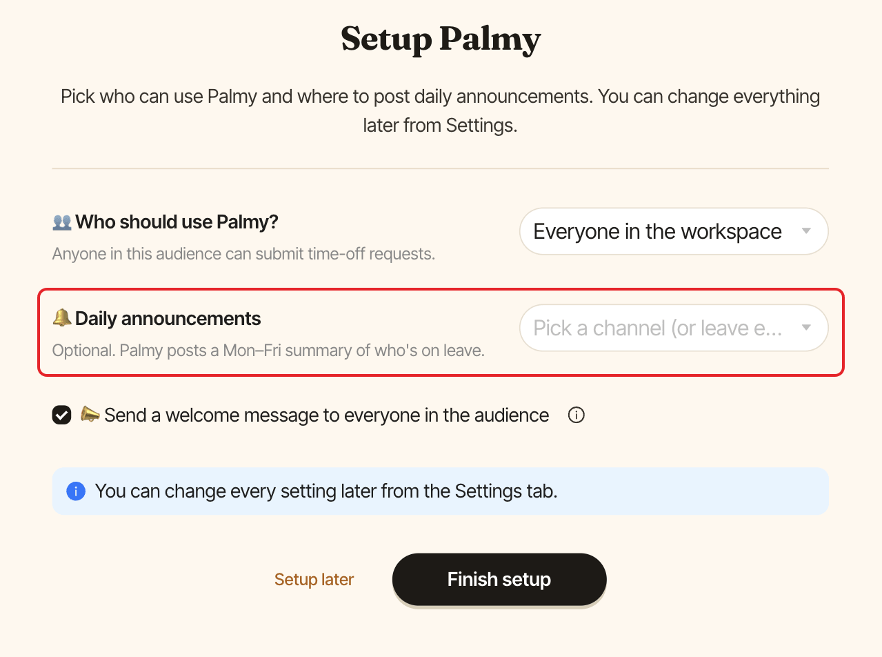 The Setup Palmy page, with the Daily announcements channel picker highlighted