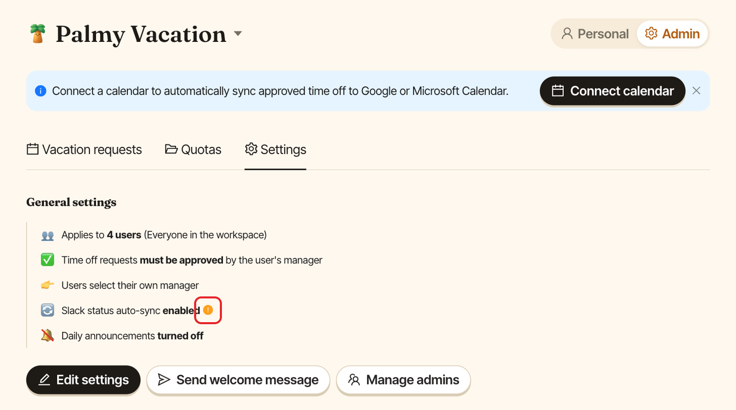 The Palmy Settings tab, with the warning icon next to Slack status auto-sync highlighted