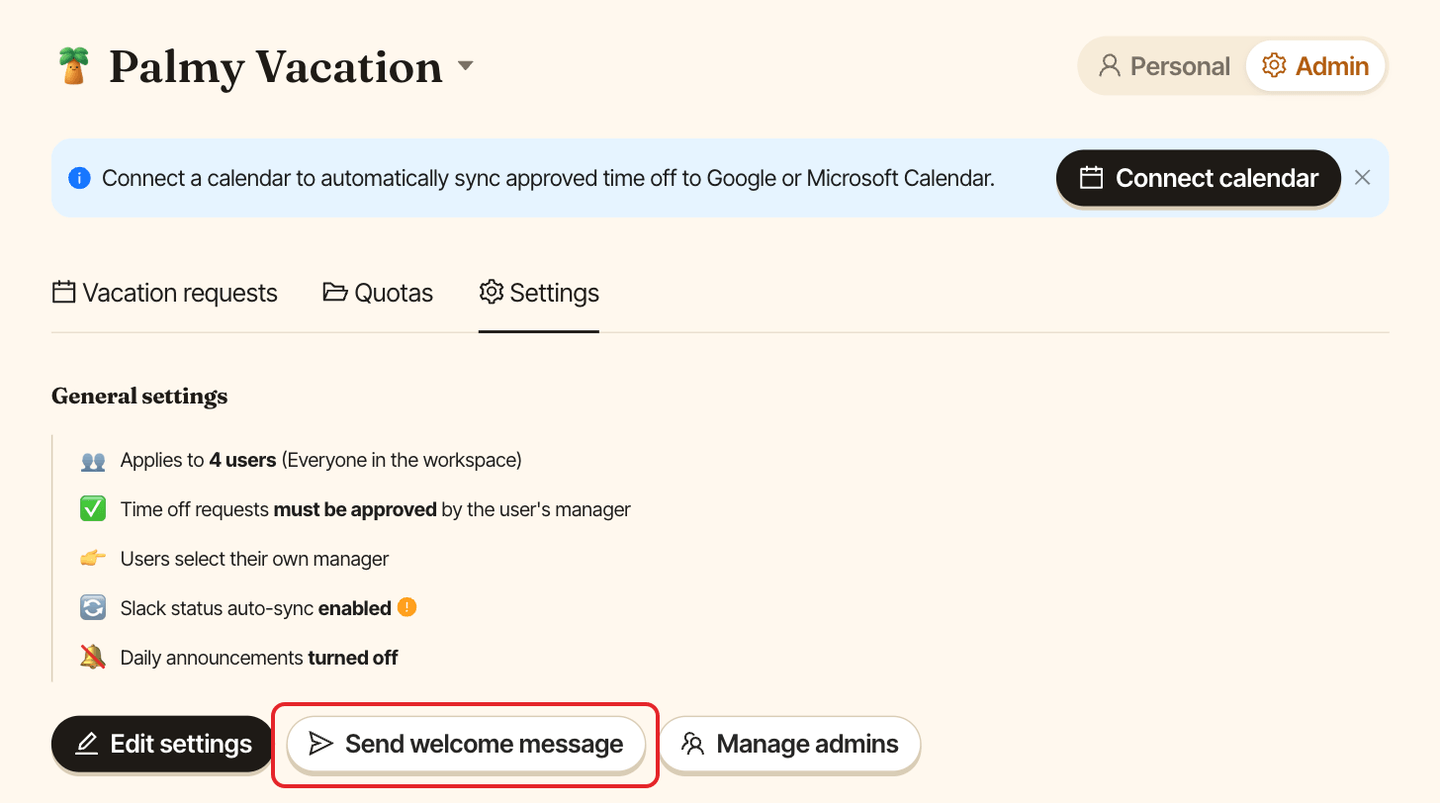 The Palmy Settings tab, with the Send welcome message button highlighted