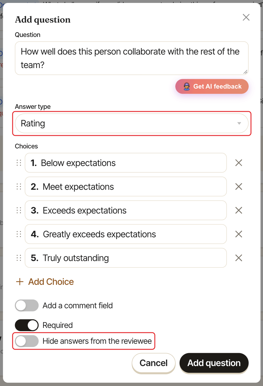 Add question window with a Rating question, the Answer type field and the Hide answers from the reviewee switch highlighted