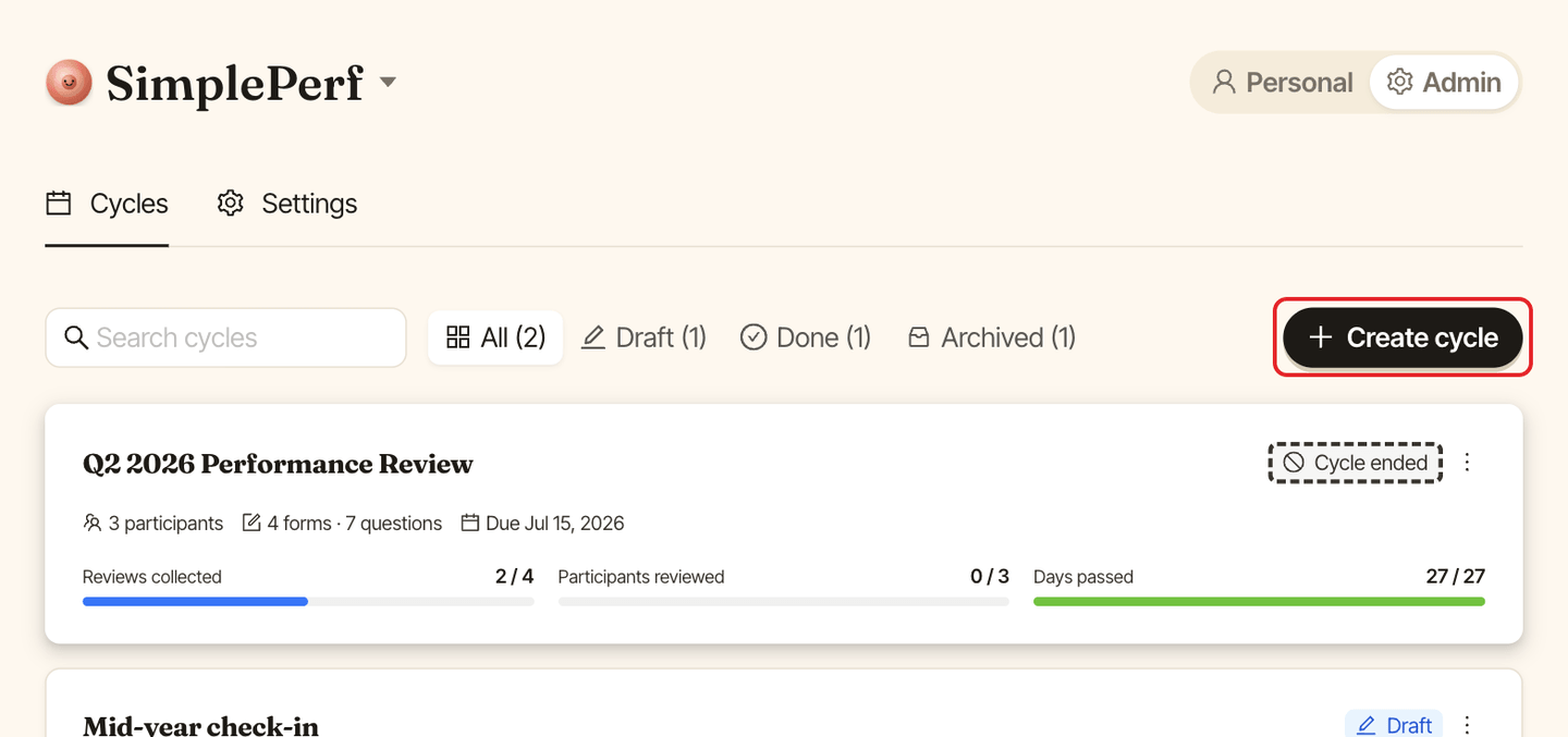 SimplePerf admin cycles list with the Create cycle button highlighted
