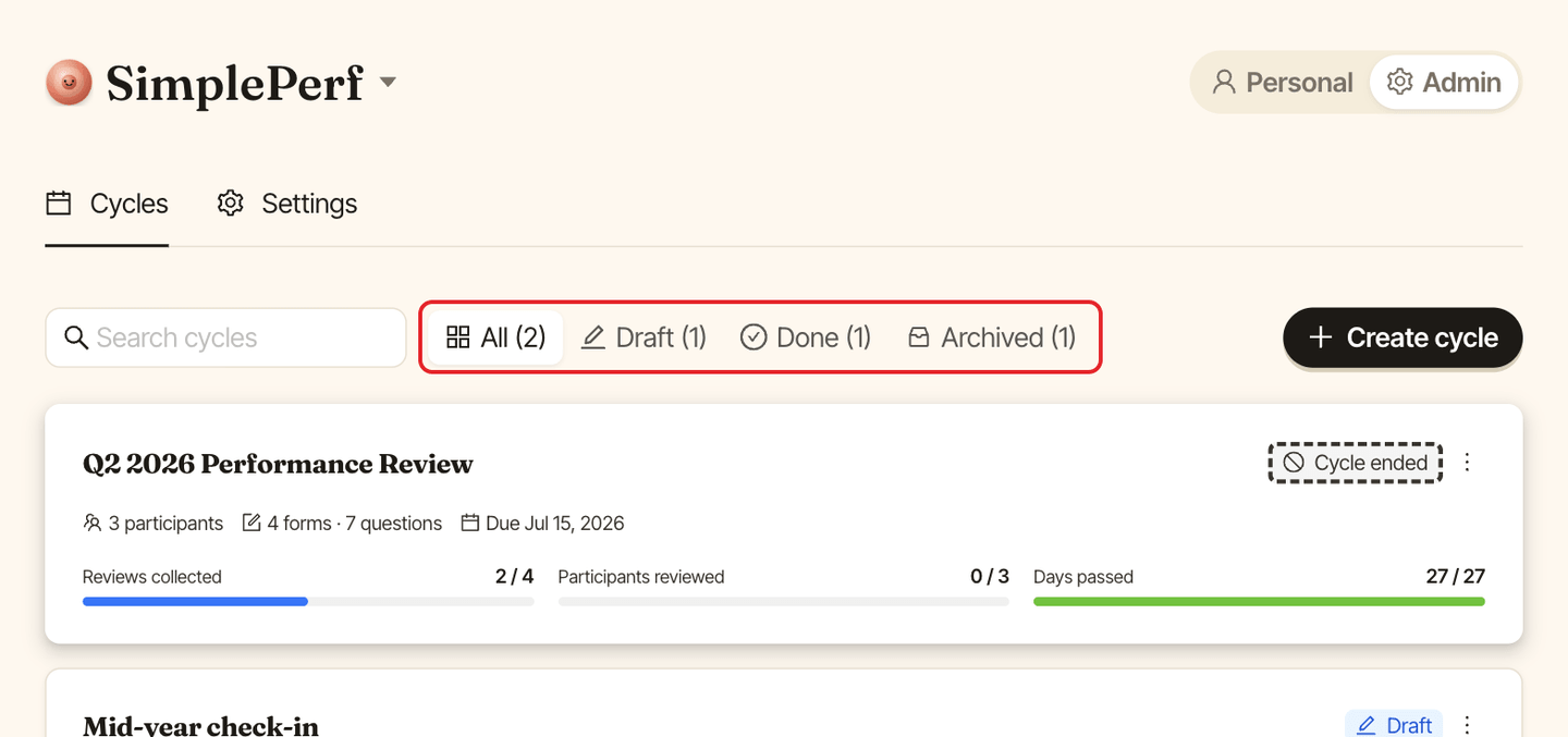 Admin cycles list with the cycle status tabs highlighted