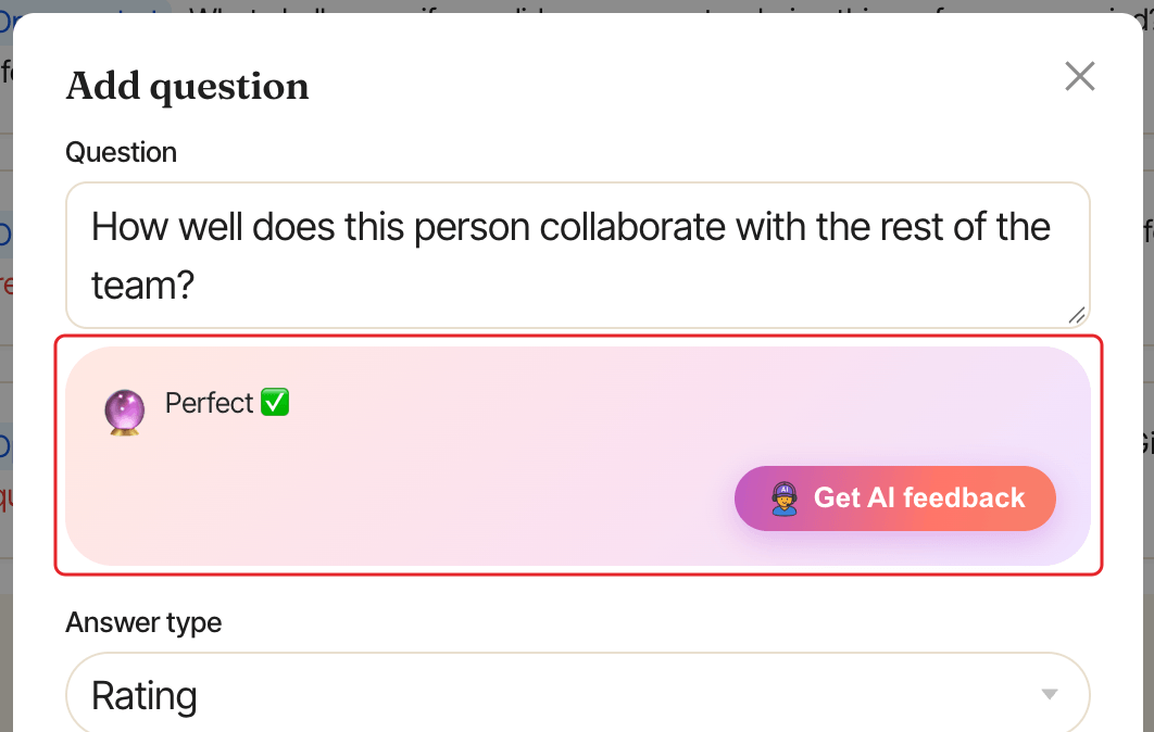 The Add question window after asking for AI feedback: the question is rated Perfect