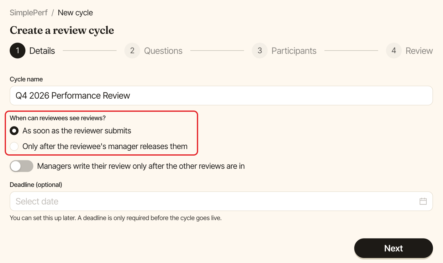 Details step of the cycle builder, with the review visibility options highlighted