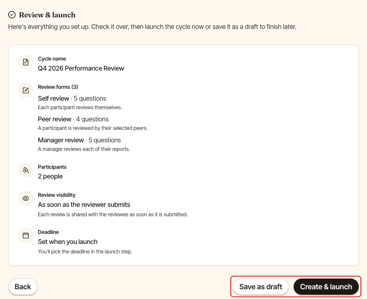 Review step summarizing the cycle, with the Save as draft and Create & launch buttons highlighted