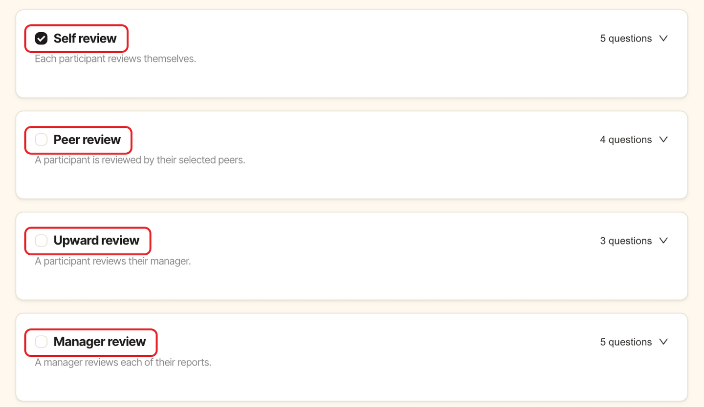 Questions step with the Self, Peer, Upward and Manager review checkboxes highlighted