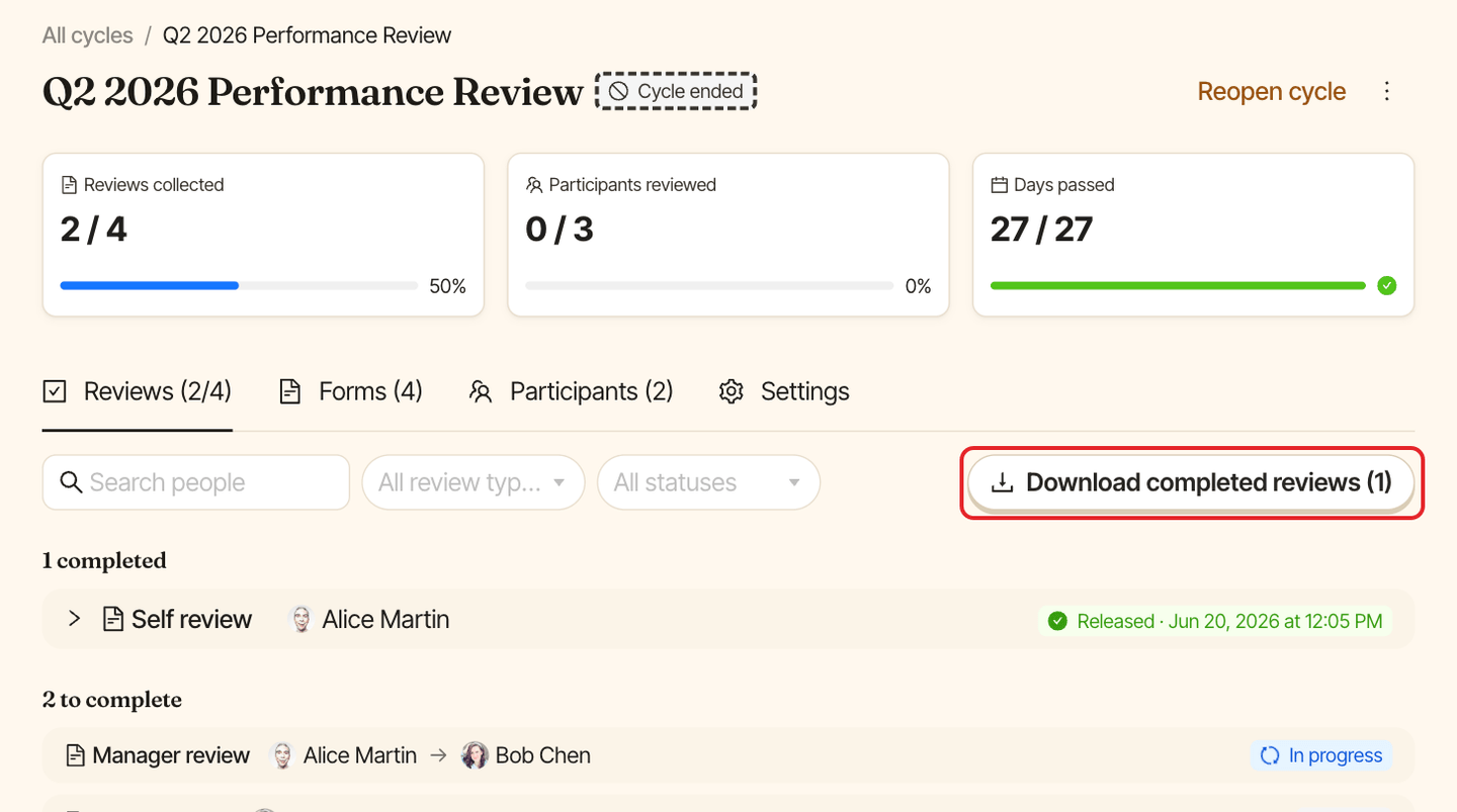 Reviews tab of a cycle with the Download completed reviews button highlighted