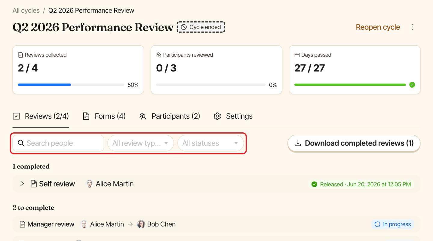 Reviews tab of a cycle, with the people, review type and status filters highlighted