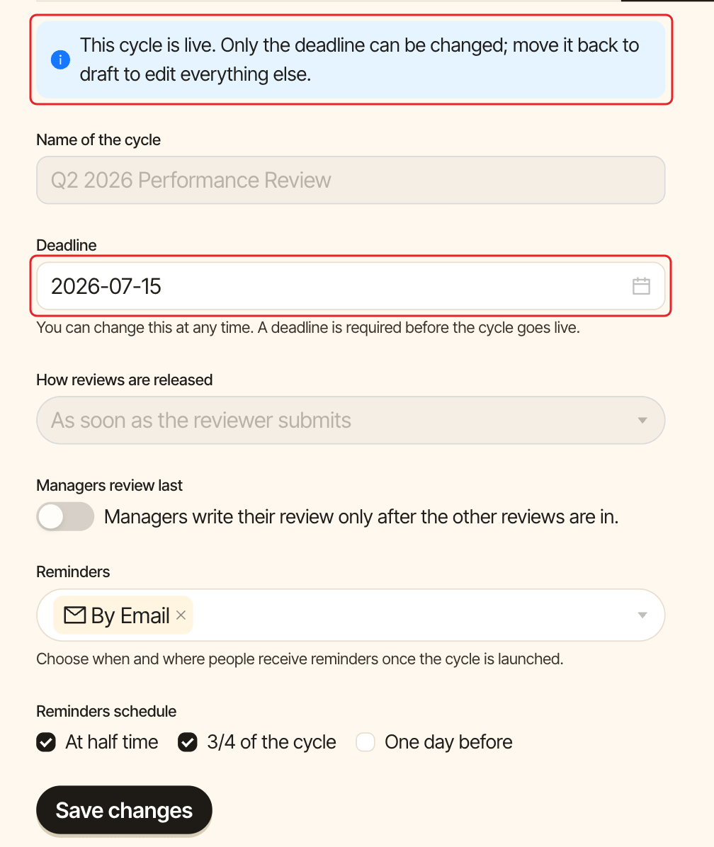 Settings tab of a live cycle: only the deadline can be changed