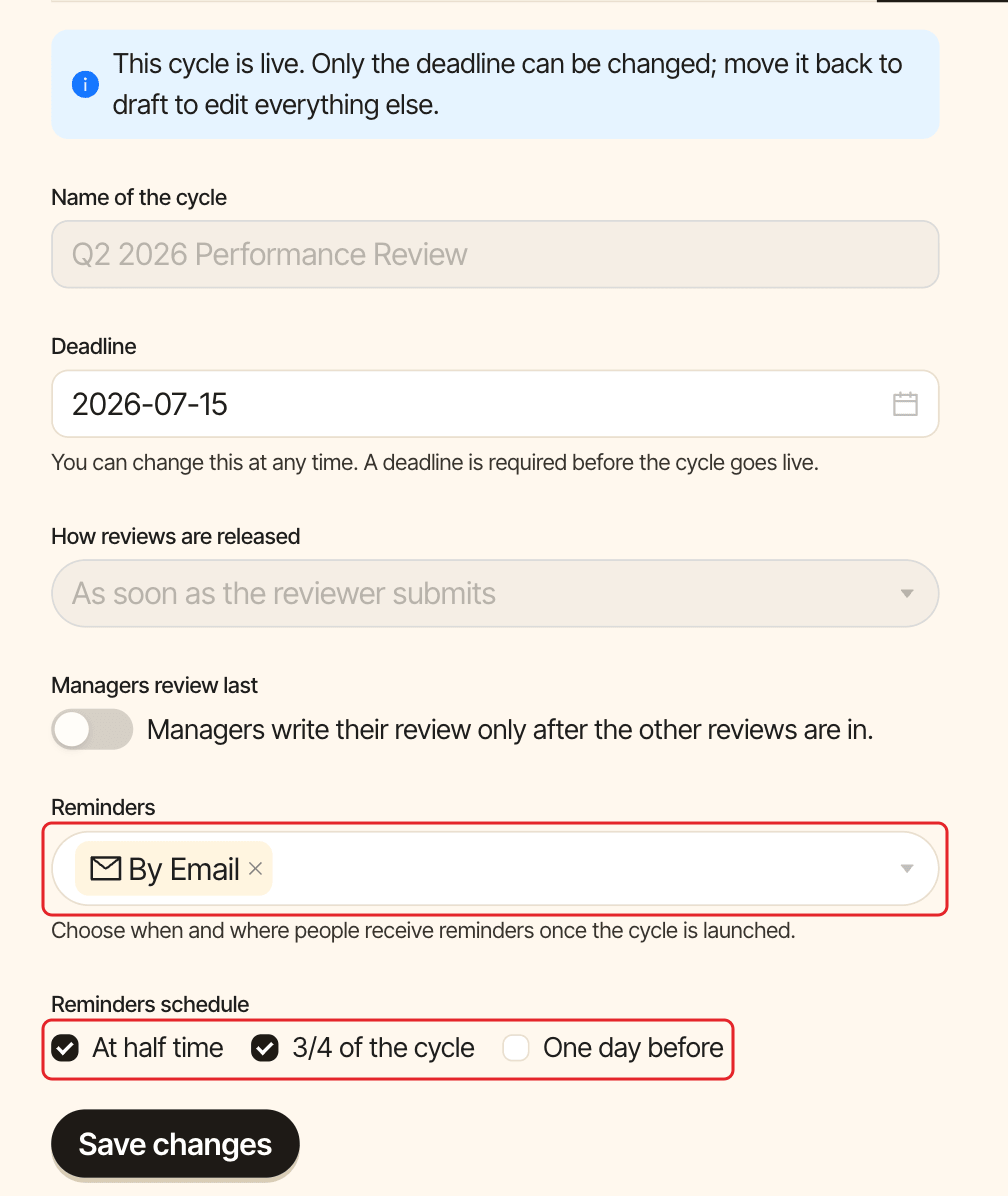 Cycle Settings tab with the Reminders channels and the Reminders schedule checkboxes highlighted