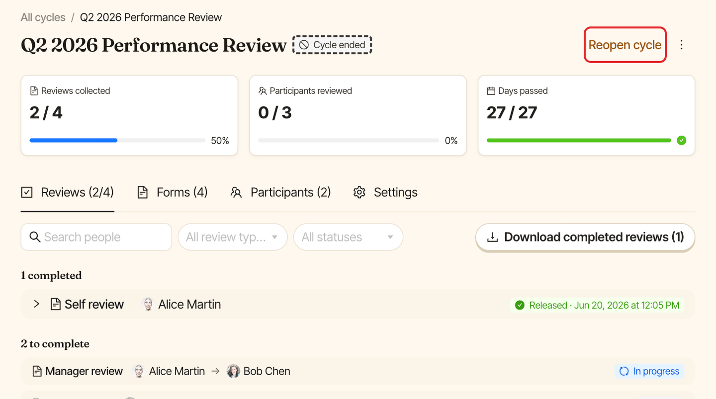 An ended cycle with the Reopen cycle button highlighted