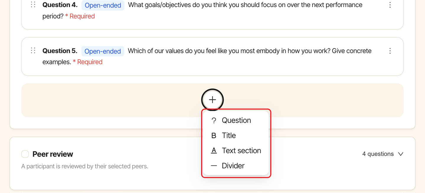 Form editor with the add menu open: Question, Title, Text section and Divider