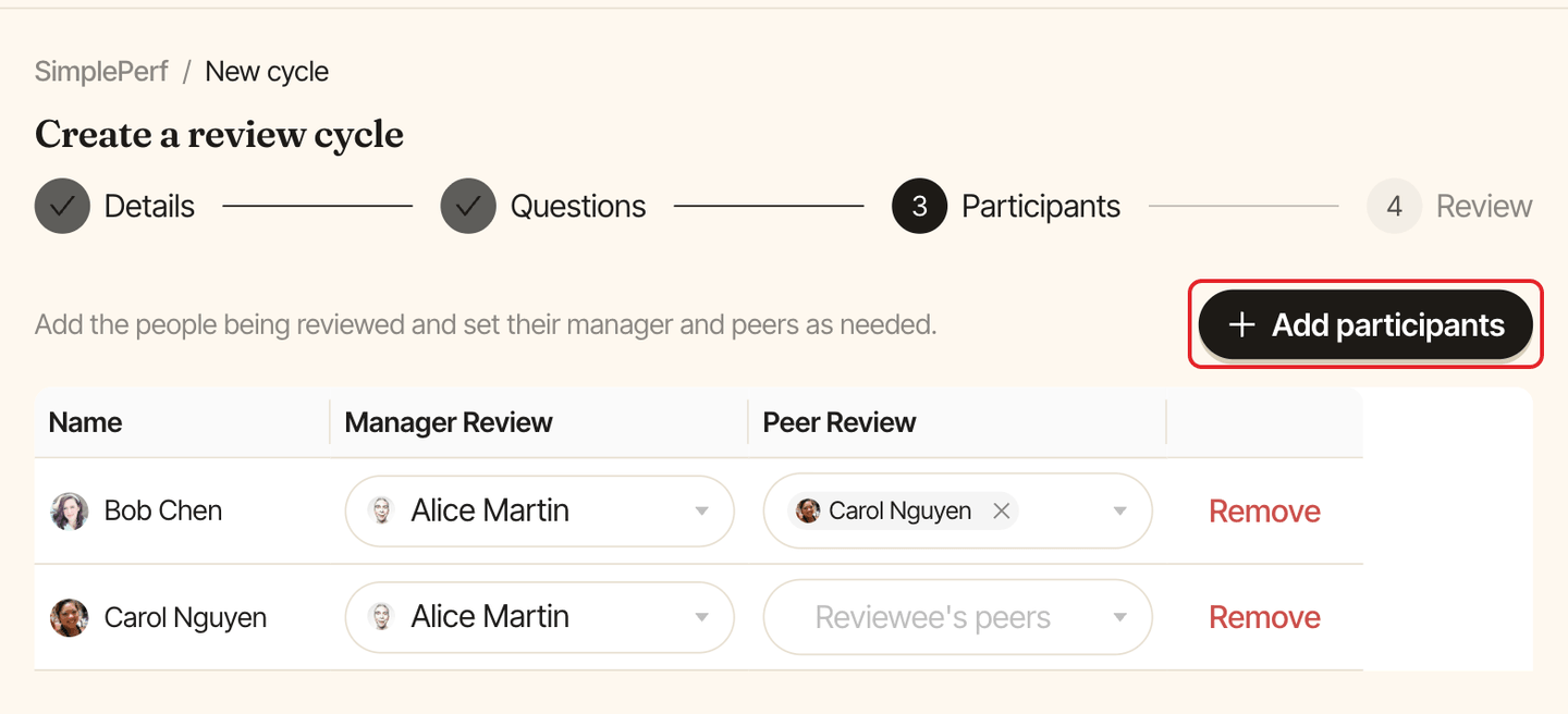 Participants step with the Add participants button highlighted