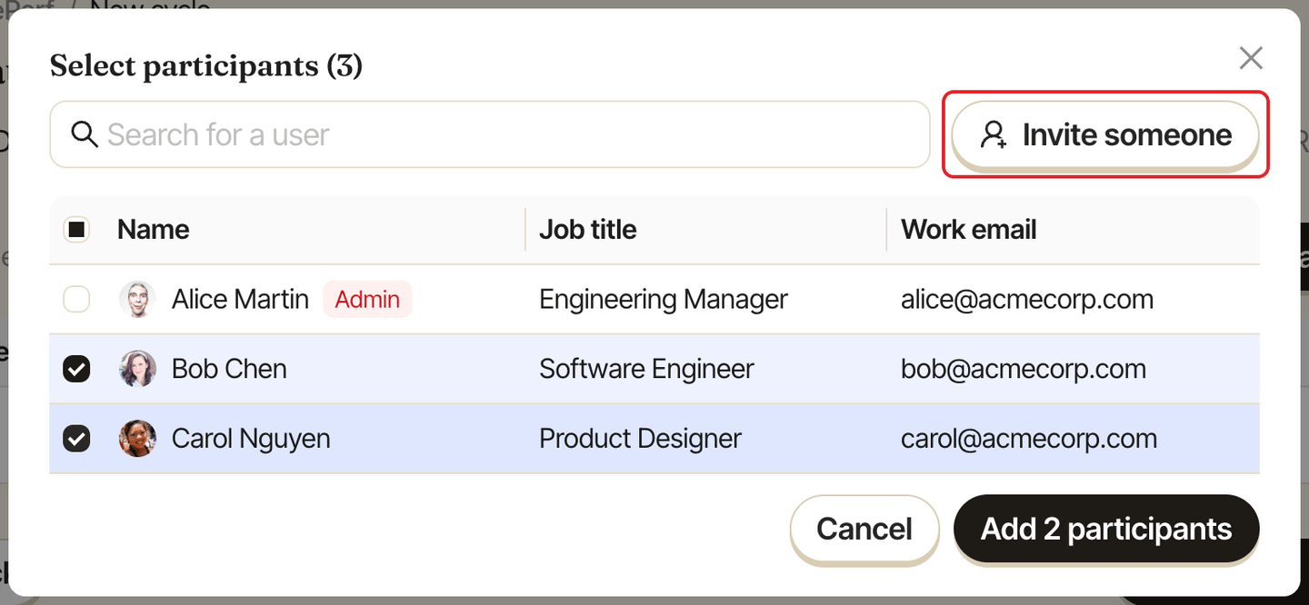 Select participants window with the Invite someone button highlighted