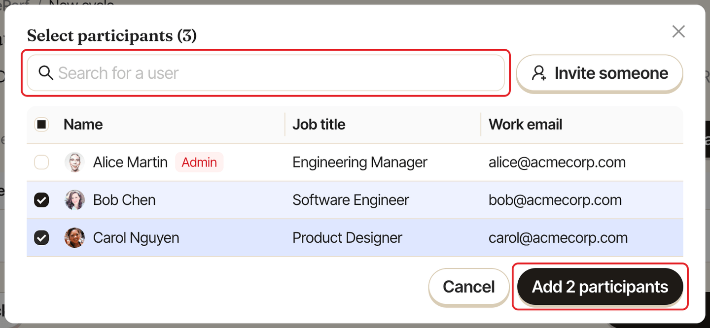 Select participants window with two people checked, the search field and the Add 2 participants button highlighted