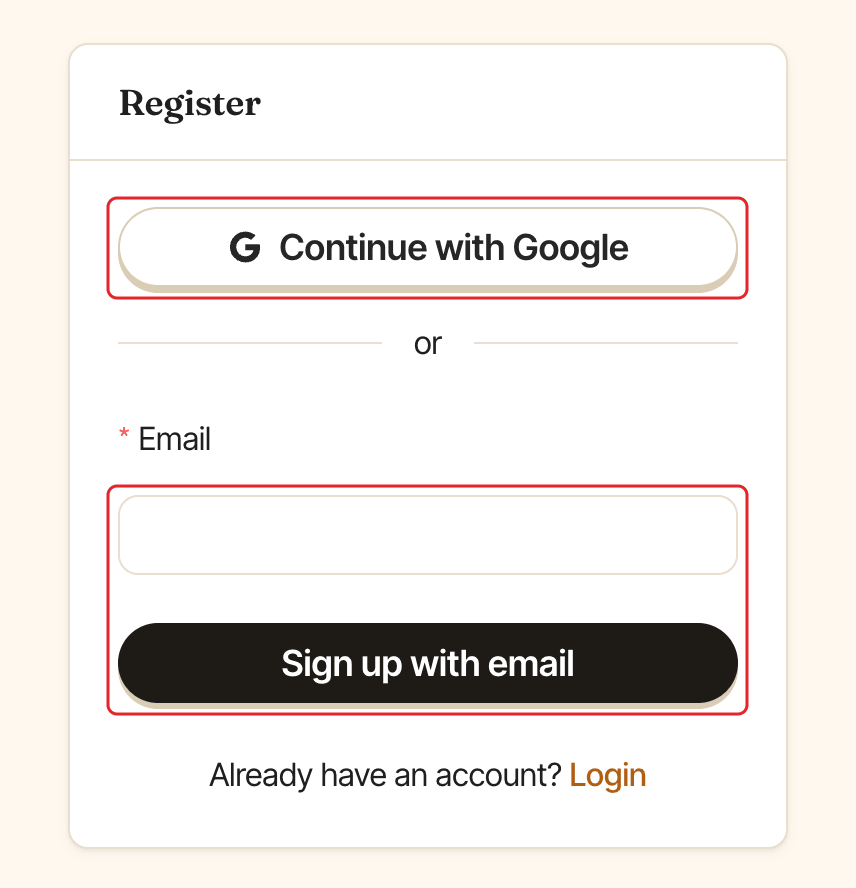 The BuddiesHR sign-up page, with the Continue with Google button and the email sign-up form highlighted