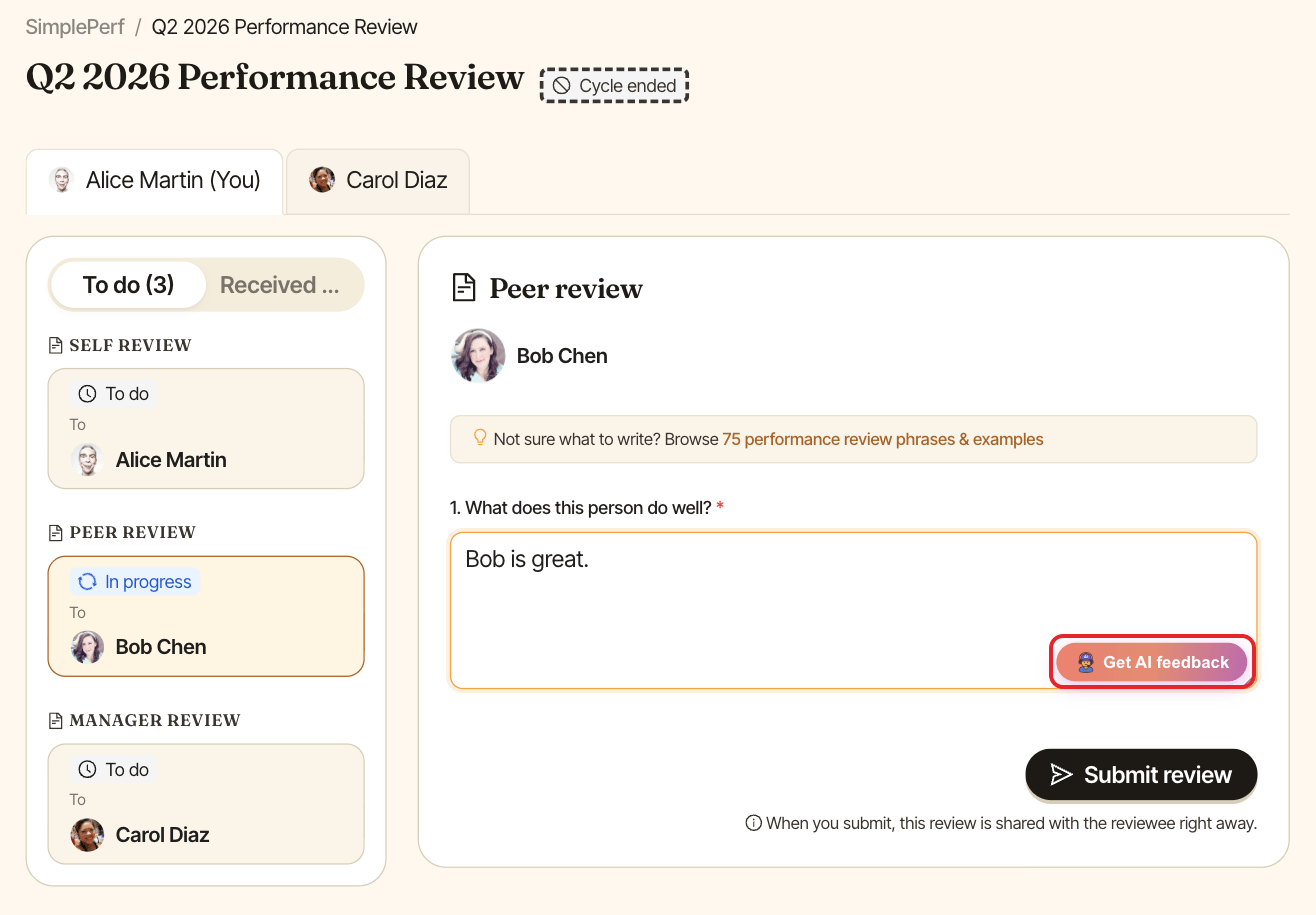 Review form with the Get AI feedback button highlighted under an answer