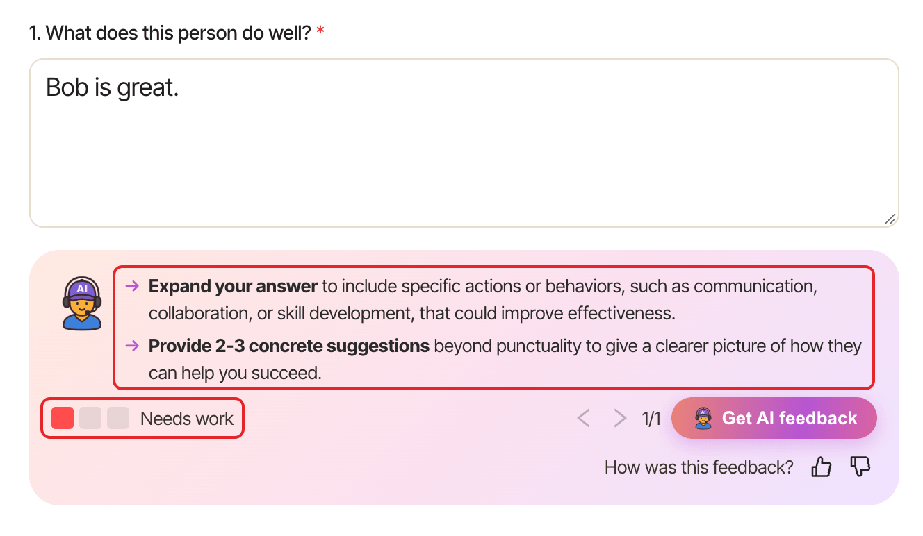 AI feedback on a short answer: two suggestions and a Needs work grade