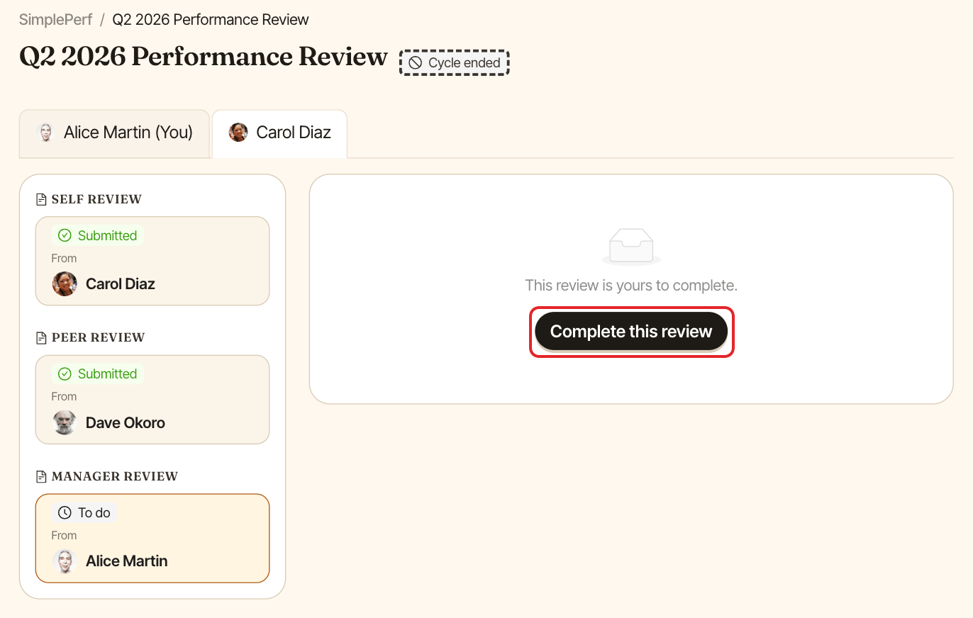 A manager review still to do, with the Complete this review button highlighted