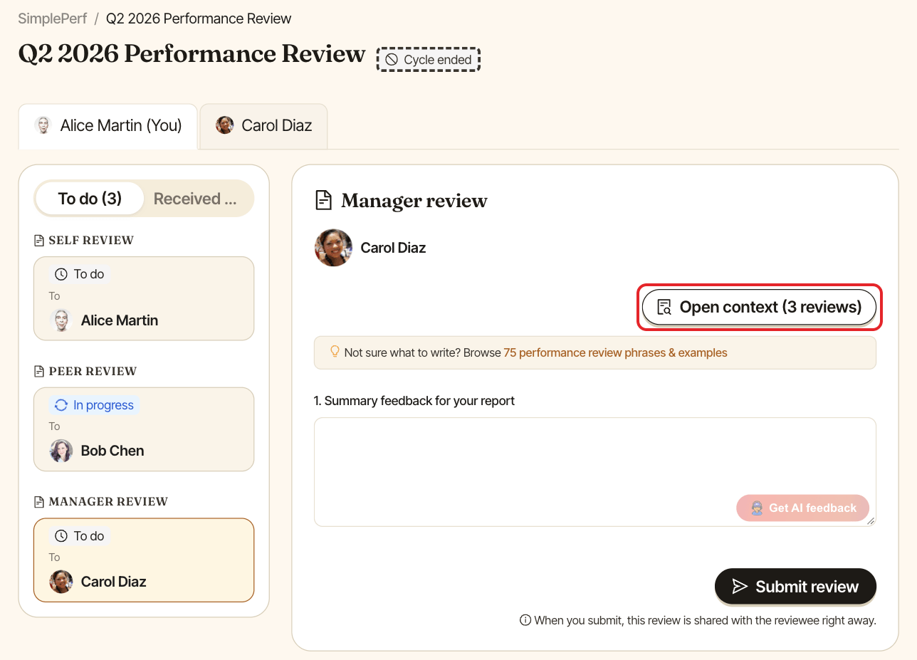 Manager review form with the Open context button highlighted