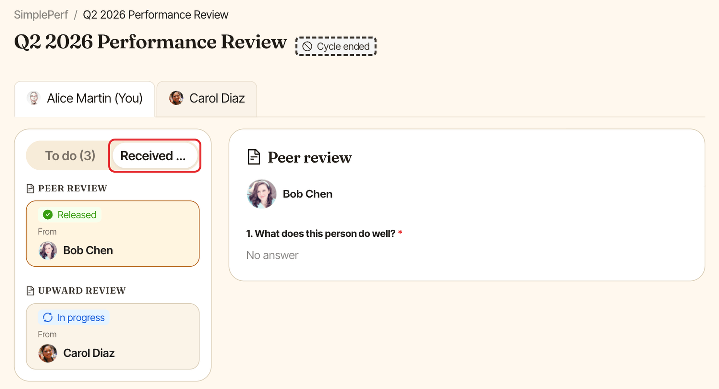 Cycle page with the Received tab selected, listing the reviews written about you