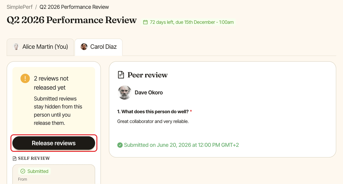 A report's tab showing 2 reviews not released yet, with the Release reviews button highlighted