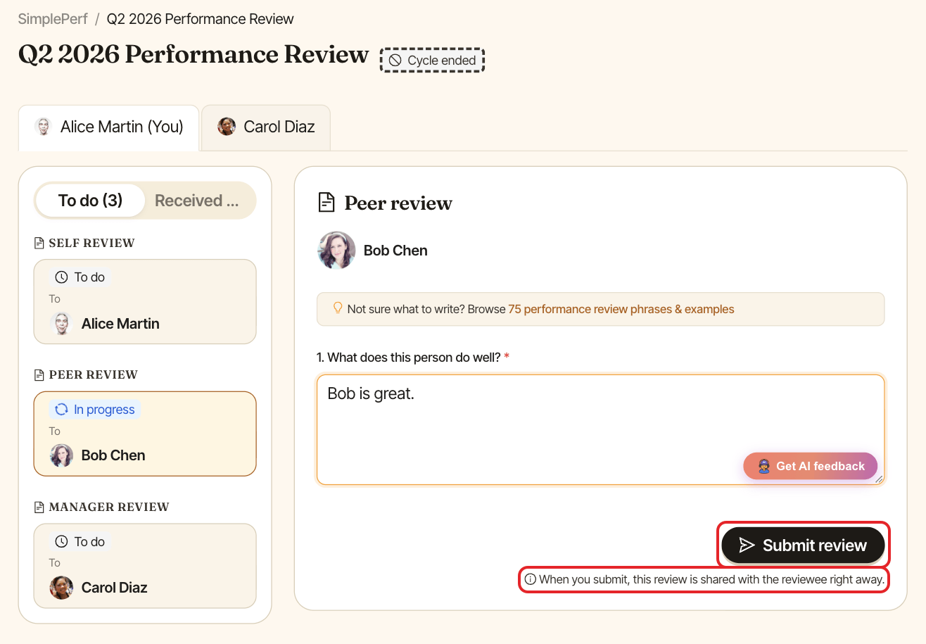 Peer review form with the Submit review button and the note about who sees the review highlighted