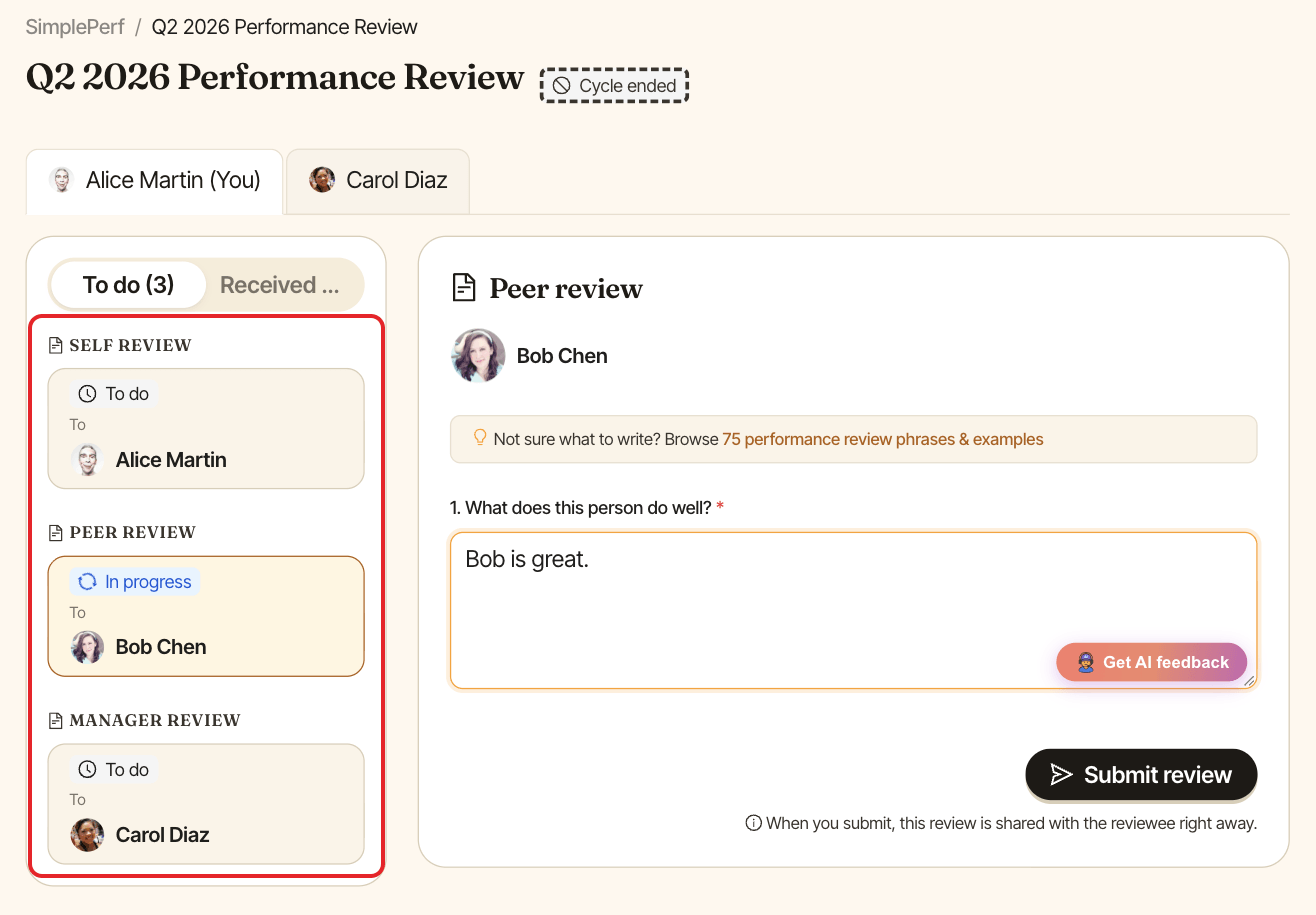 Cycle page with the To do list of reviews to complete highlighted