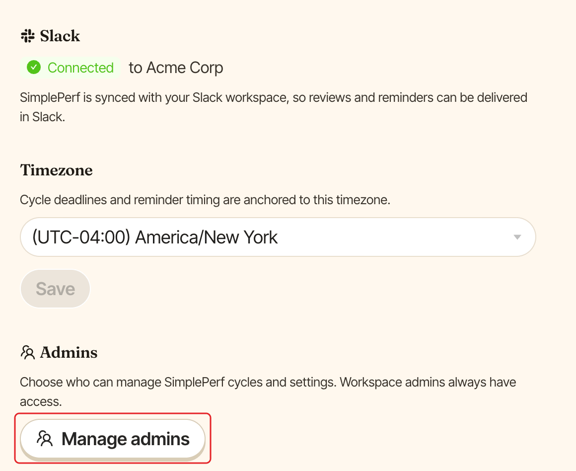 SimplePerf admin Settings with the Manage admins button highlighted