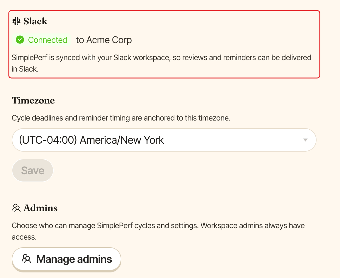 SimplePerf admin Settings, with the Slack section showing a connected workspace highlighted