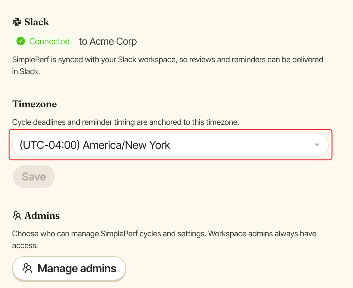 SimplePerf admin Settings with the Timezone field highlighted