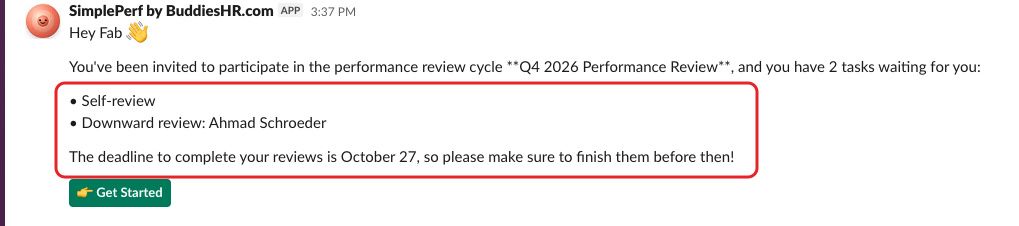 SimplePerf's Slack message when a cycle starts, with the list of reviews and the deadline highlighted