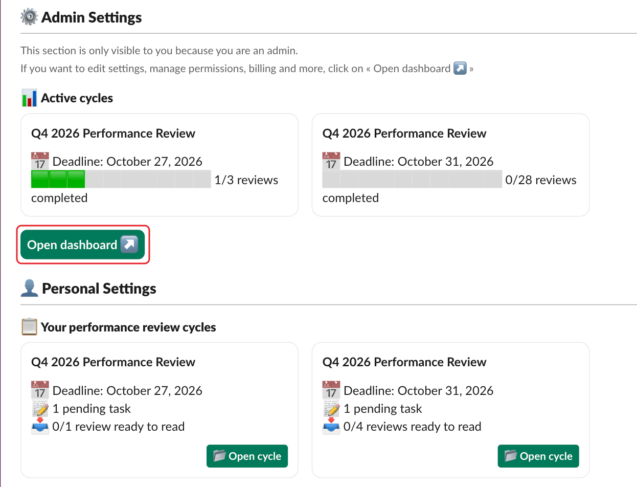 SimplePerf's Home tab in Slack, with the admin Open dashboard button highlighted