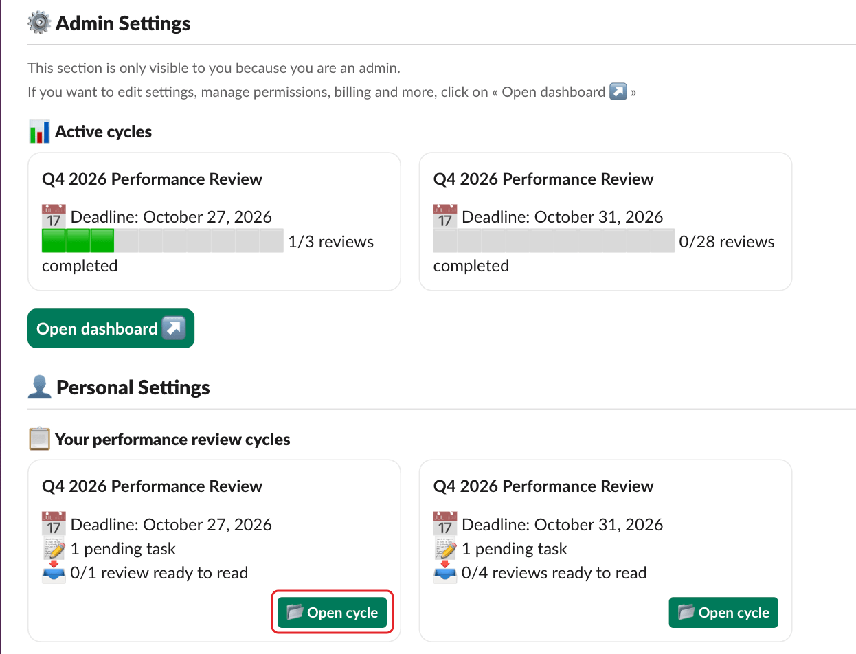 SimplePerf's Home tab in Slack, with the Open cycle button of a review cycle highlighted