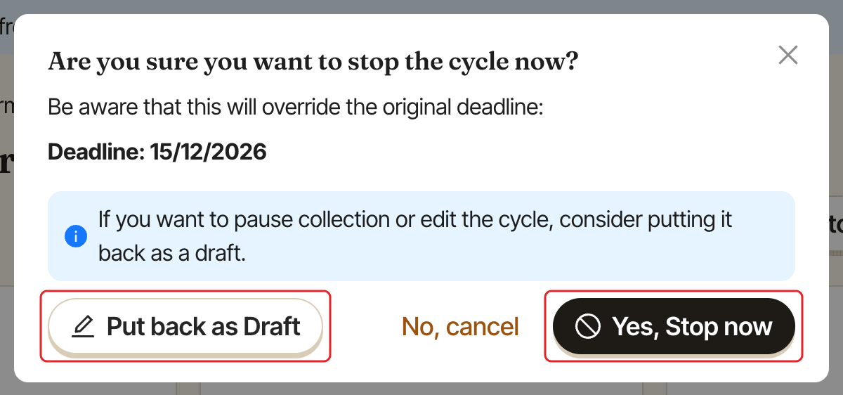 The stop confirmation window with the Put back as Draft and Yes, Stop now buttons highlighted